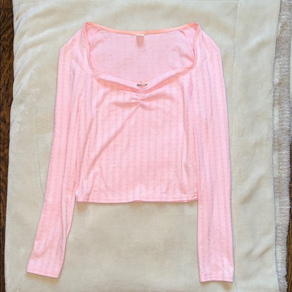 SHEIN Light Pink Long Sleeve Square Neck Knit Top